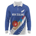 Custom New Zealand Cricket Long Sleeve Polo Shirt Kiwi Birds Haka Dance Blue Fern Sporty Style