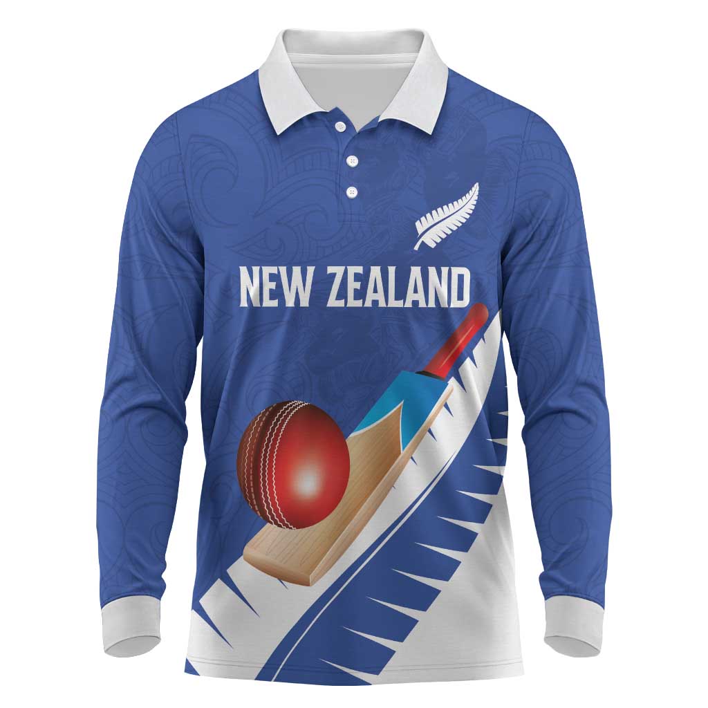 Custom New Zealand Cricket Long Sleeve Polo Shirt Kiwi Birds Haka Dance Blue Fern Sporty Style