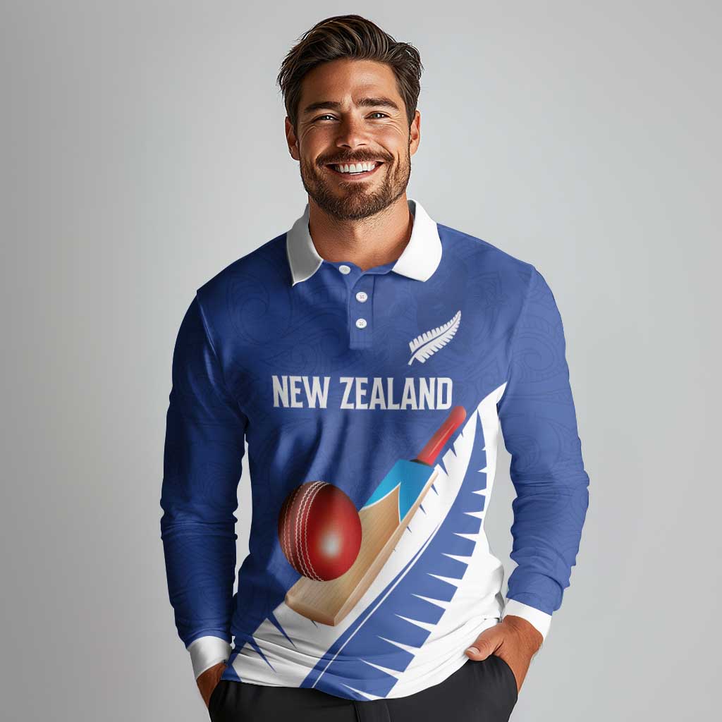 Custom New Zealand Cricket Long Sleeve Polo Shirt Kiwi Birds Haka Dance Blue Fern Sporty Style