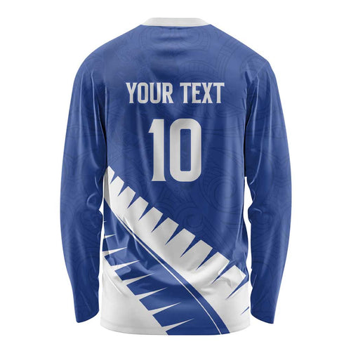 Custom New Zealand Cricket Long Sleeve Shirt Kiwi Birds Haka Dance Blue Fern Sporty Style