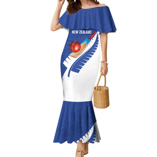 Custom New Zealand Cricket Mermaid Dress Kiwi Birds Haka Dance Blue Fern Sporty Style