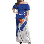 Custom New Zealand Cricket Off Shoulder Maxi Dress Kiwi Birds Haka Dance Blue Fern Sporty Style