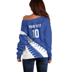 Custom New Zealand Cricket Off Shoulder Sweater Kiwi Birds Haka Dance Blue Fern Sporty Style
