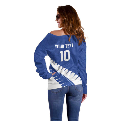 Custom New Zealand Cricket Off Shoulder Sweater Kiwi Birds Haka Dance Blue Fern Sporty Style