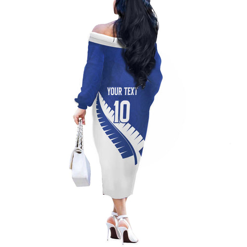 Custom New Zealand Cricket Off The Shoulder Long Sleeve Dress Kiwi Birds Haka Dance Blue Fern Sporty Style