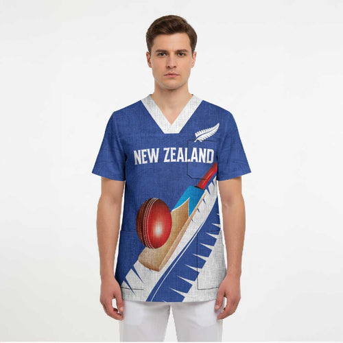 Custom New Zealand Cricket Scrub Top Kiwi Birds Haka Dance Blue Fern Sporty Style