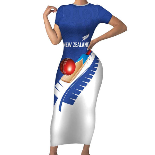 Custom New Zealand Cricket Short Sleeve Bodycon Dress Kiwi Birds Haka Dance Blue Fern Sporty Style