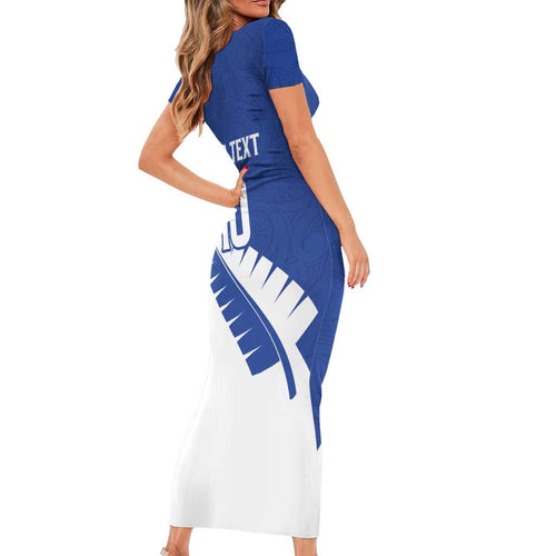 Custom New Zealand Cricket Short Sleeve Bodycon Dress Kiwi Birds Haka Dance Blue Fern Sporty Style