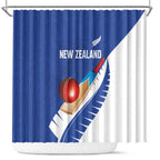 New Zealand Cricket Shower Curtain Kiwi Birds Haka Dance Blue Fern Sporty Style