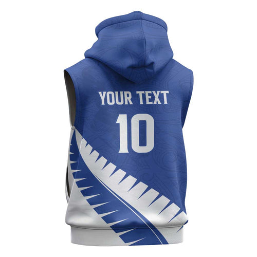 Custom New Zealand Cricket Sleeveless Hoodie Kiwi Birds Haka Dance Blue Fern Sporty Style