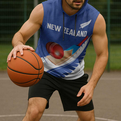 Custom New Zealand Cricket Sleeveless Hoodie Kiwi Birds Haka Dance Blue Fern Sporty Style