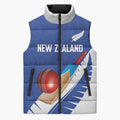 Custom New Zealand Cricket Sleeveless Puffer Jacket Kiwi Birds Haka Dance Blue Fern Sporty Style
