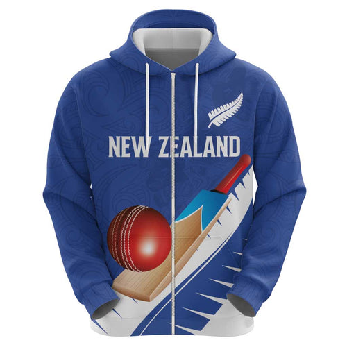 Custom New Zealand Cricket Zip Hoodie Kiwi Birds Haka Dance Blue Fern Sporty Style