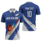 Custom New Zealand Cricket Zipper Polo Shirt Kiwi Birds Haka Dance Blue Fern Sporty Style