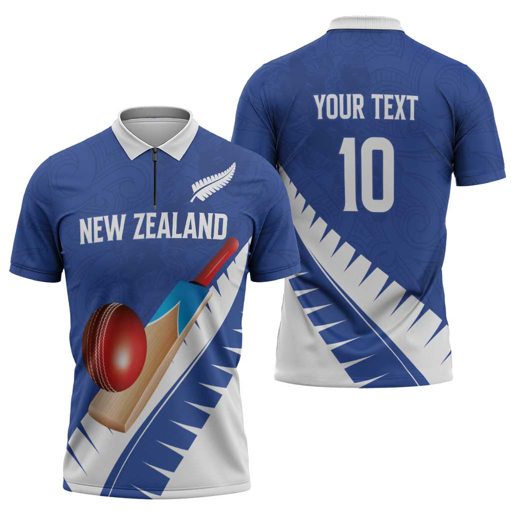 Custom New Zealand Cricket Zipper Polo Shirt Kiwi Birds Haka Dance Blue Fern Sporty Style