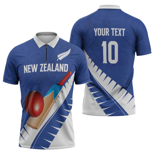 Custom New Zealand Cricket Zipper Polo Shirt Kiwi Birds Haka Dance Blue Fern Sporty Style