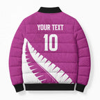 Custom New Zealand Cricket Bomber Puffer Jacket Kiwi Birds Haka Dance Pink Fern Sporty Style