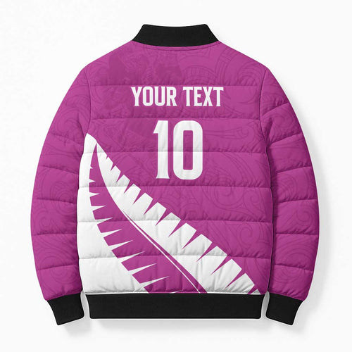 Custom New Zealand Cricket Bomber Puffer Jacket Kiwi Birds Haka Dance Pink Fern Sporty Style