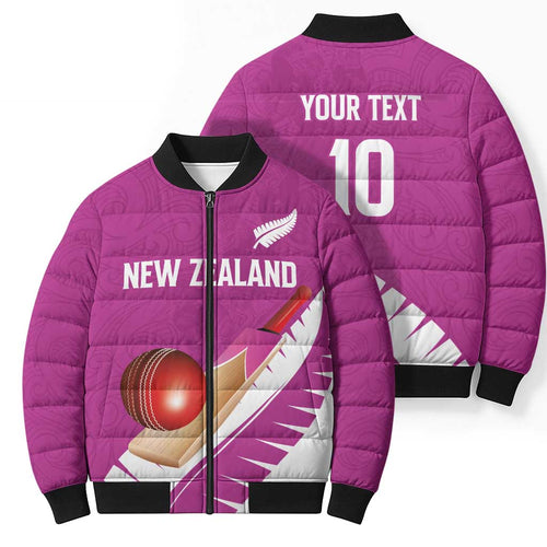 Custom New Zealand Cricket Bomber Puffer Jacket Kiwi Birds Haka Dance Pink Fern Sporty Style