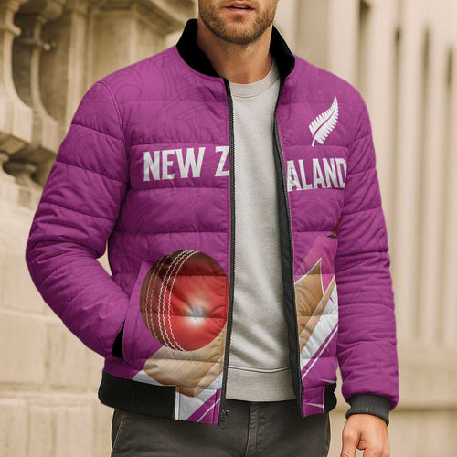 Custom New Zealand Cricket Bomber Puffer Jacket Kiwi Birds Haka Dance Pink Fern Sporty Style