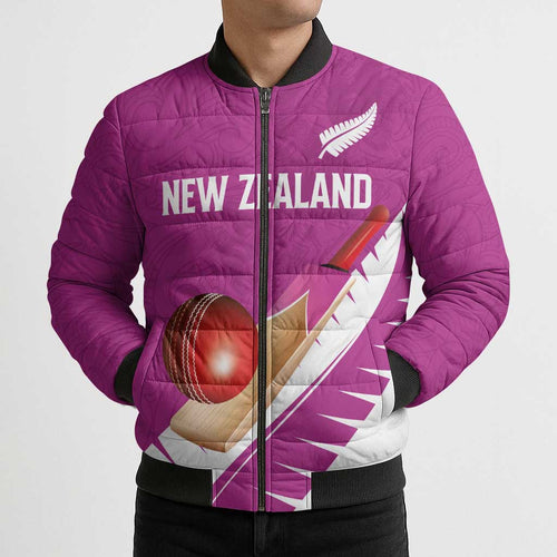 Custom New Zealand Cricket Bomber Puffer Jacket Kiwi Birds Haka Dance Pink Fern Sporty Style