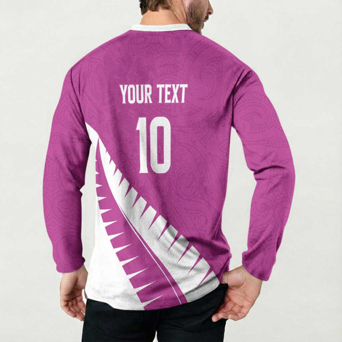 Custom New Zealand Cricket Button Sweatshirt Kiwi Birds Haka Dance Pink Fern Sporty Style