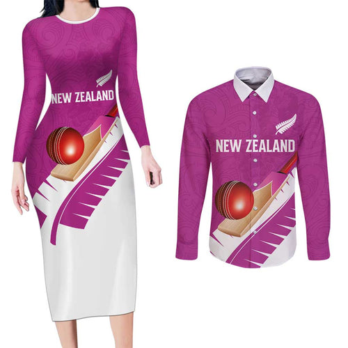 Custom New Zealand Cricket Couples Matching Long Sleeve Bodycon Dress and Long Sleeve Button Shirt Kiwi Birds Haka Dance Pink Fern Sporty Style