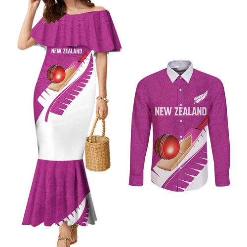 Custom New Zealand Cricket Couples Matching Mermaid Dress and Long Sleeve Button Shirt Kiwi Birds Haka Dance Pink Fern Sporty Style