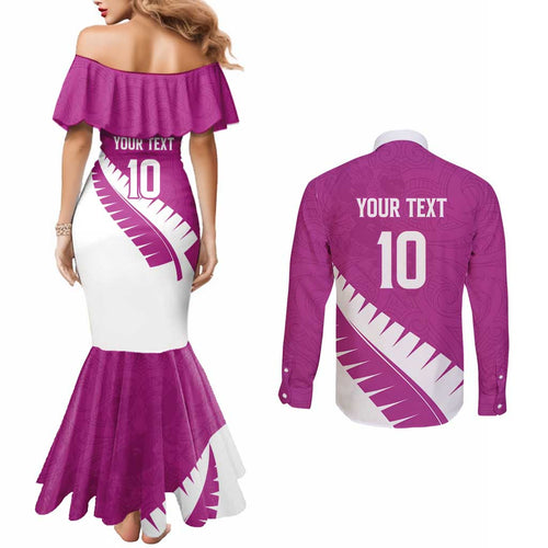 Custom New Zealand Cricket Couples Matching Mermaid Dress and Long Sleeve Button Shirt Kiwi Birds Haka Dance Pink Fern Sporty Style