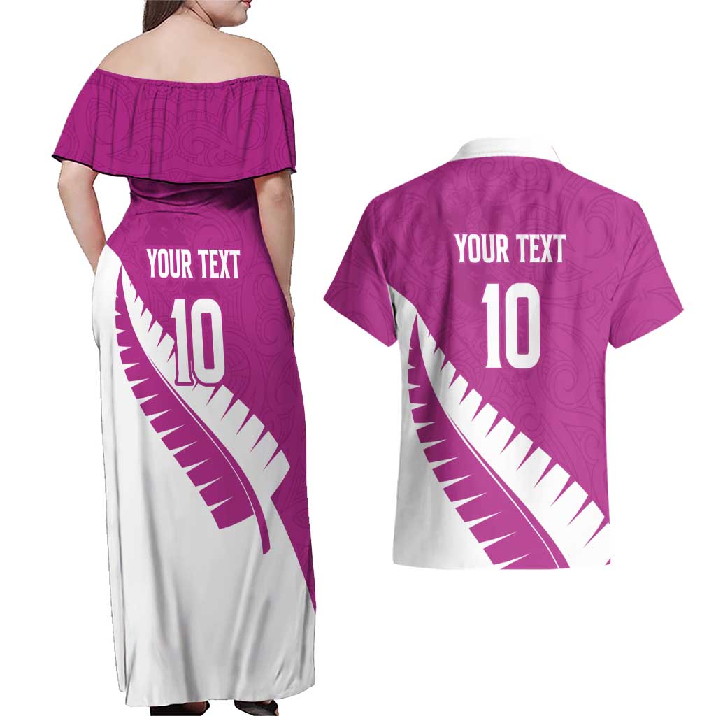 Custom New Zealand Cricket Couples Matching Off Shoulder Maxi Dress and Hawaiian Shirt Kiwi Birds Haka Dance Pink Fern Sporty Style