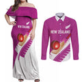 Custom New Zealand Cricket Couples Matching Off Shoulder Maxi Dress and Long Sleeve Button Shirt Kiwi Birds Haka Dance Pink Fern Sporty Style