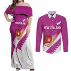 Custom New Zealand Cricket Couples Matching Off Shoulder Maxi Dress and Long Sleeve Button Shirt Kiwi Birds Haka Dance Pink Fern Sporty Style