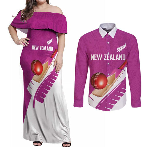 Custom New Zealand Cricket Couples Matching Off Shoulder Maxi Dress and Long Sleeve Button Shirt Kiwi Birds Haka Dance Pink Fern Sporty Style