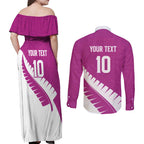 Custom New Zealand Cricket Couples Matching Off Shoulder Maxi Dress and Long Sleeve Button Shirt Kiwi Birds Haka Dance Pink Fern Sporty Style