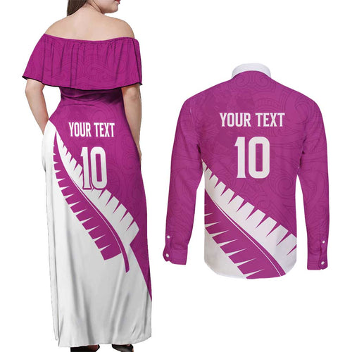 Custom New Zealand Cricket Couples Matching Off Shoulder Maxi Dress and Long Sleeve Button Shirt Kiwi Birds Haka Dance Pink Fern Sporty Style