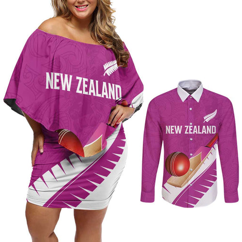 Custom New Zealand Cricket Couples Matching Off Shoulder Short Dress and Long Sleeve Button Shirt Kiwi Birds Haka Dance Pink Fern Sporty Style