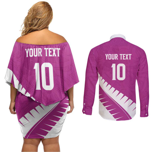 Custom New Zealand Cricket Couples Matching Off Shoulder Short Dress and Long Sleeve Button Shirt Kiwi Birds Haka Dance Pink Fern Sporty Style