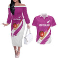 Custom New Zealand Cricket Couples Matching Off The Shoulder Long Sleeve Dress and Hawaiian Shirt Kiwi Birds Haka Dance Pink Fern Sporty Style