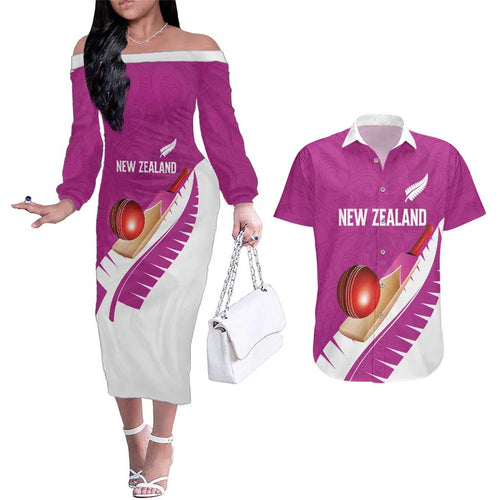 Custom New Zealand Cricket Couples Matching Off The Shoulder Long Sleeve Dress and Hawaiian Shirt Kiwi Birds Haka Dance Pink Fern Sporty Style