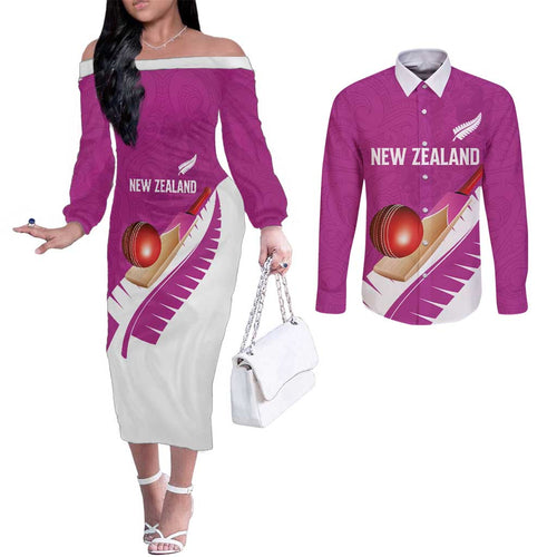Custom New Zealand Cricket Couples Matching Off The Shoulder Long Sleeve Dress and Long Sleeve Button Shirt Kiwi Birds Haka Dance Pink Fern Sporty Style
