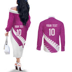 Custom New Zealand Cricket Couples Matching Off The Shoulder Long Sleeve Dress and Long Sleeve Button Shirt Kiwi Birds Haka Dance Pink Fern Sporty Style