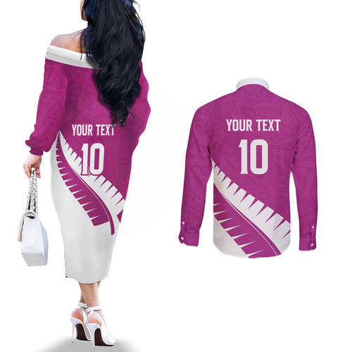 Custom New Zealand Cricket Couples Matching Off The Shoulder Long Sleeve Dress and Long Sleeve Button Shirt Kiwi Birds Haka Dance Pink Fern Sporty Style