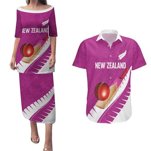 Custom New Zealand Cricket Couples Matching Puletasi and Hawaiian Shirt Kiwi Birds Haka Dance Pink Fern Sporty Style