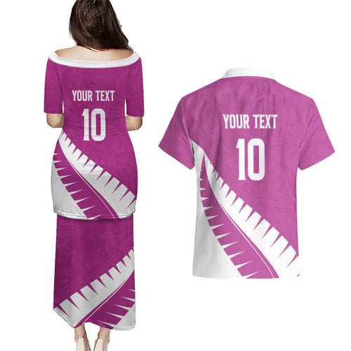 Custom New Zealand Cricket Couples Matching Puletasi and Hawaiian Shirt Kiwi Birds Haka Dance Pink Fern Sporty Style