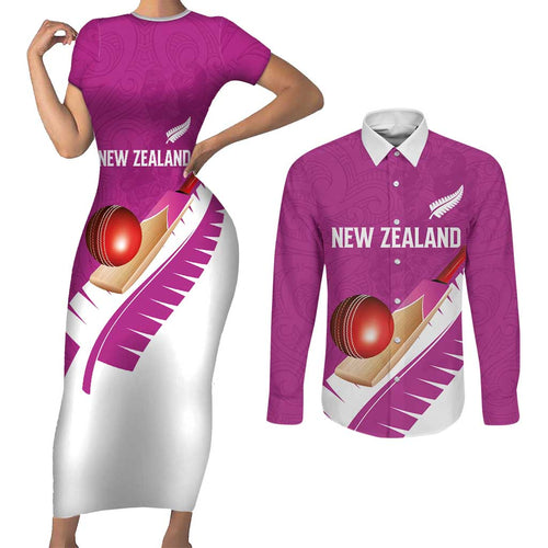 Custom New Zealand Cricket Couples Matching Short Sleeve Bodycon Dress and Long Sleeve Button Shirt Kiwi Birds Haka Dance Pink Fern Sporty Style