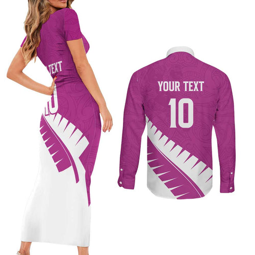 Custom New Zealand Cricket Couples Matching Short Sleeve Bodycon Dress and Long Sleeve Button Shirt Kiwi Birds Haka Dance Pink Fern Sporty Style