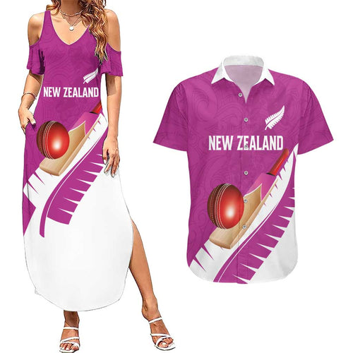 Custom New Zealand Cricket Couples Matching Summer Maxi Dress and Hawaiian Shirt Kiwi Birds Haka Dance Pink Fern Sporty Style