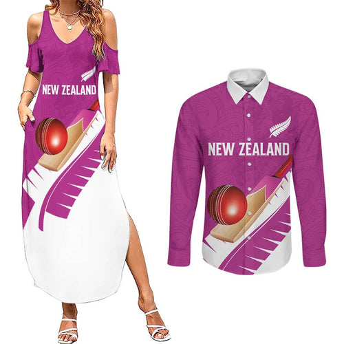 Custom New Zealand Cricket Couples Matching Summer Maxi Dress and Long Sleeve Button Shirt Kiwi Birds Haka Dance Pink Fern Sporty Style