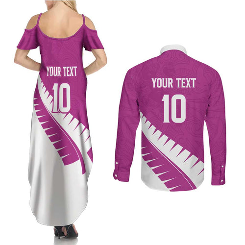 Custom New Zealand Cricket Couples Matching Summer Maxi Dress and Long Sleeve Button Shirt Kiwi Birds Haka Dance Pink Fern Sporty Style