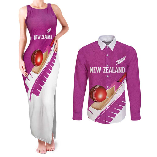 Custom New Zealand Cricket Couples Matching Tank Maxi Dress and Long Sleeve Button Shirt Kiwi Birds Haka Dance Pink Fern Sporty Style
